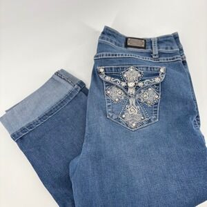 Earl Jeans Womens‎ Size 12 Embellished Cross Pocket Cropped Jeans Blue Denim